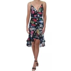 Aidan Mattox Floral Print Ruched High-Low Sleeveless Cocktail Dress Black Size 6